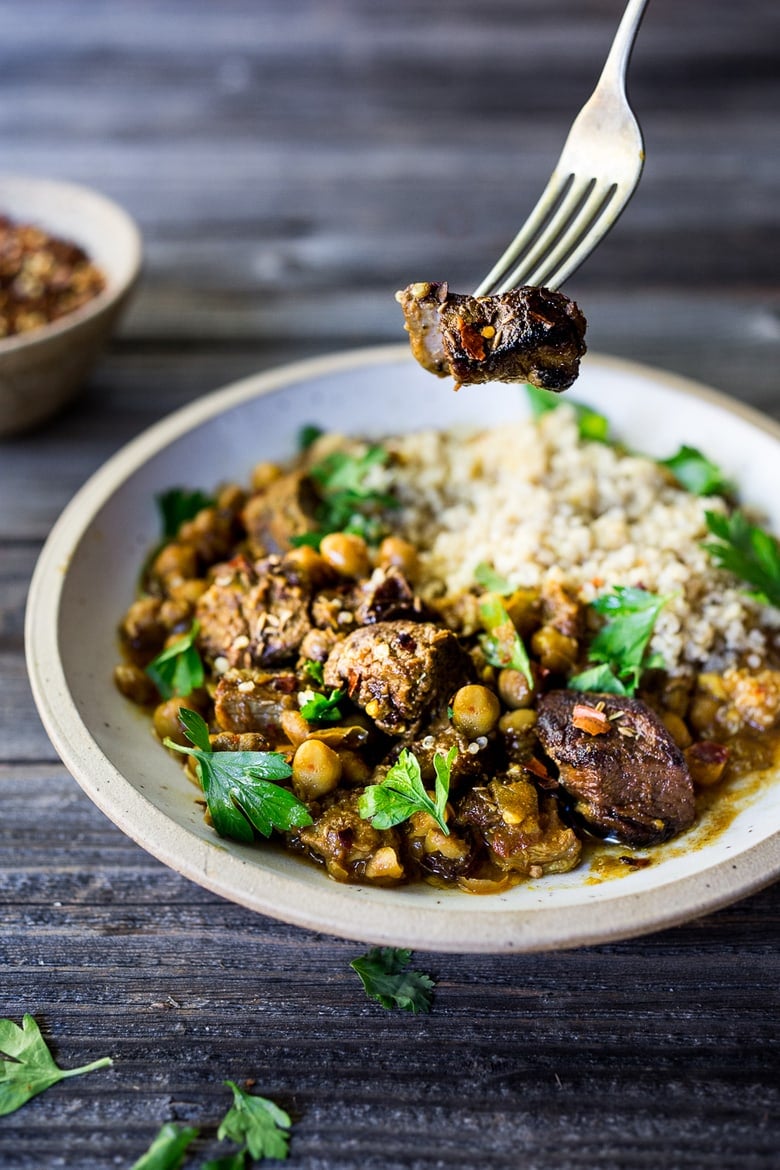 Middle Eastern Lamb stew in a bowl with basmati rice. 