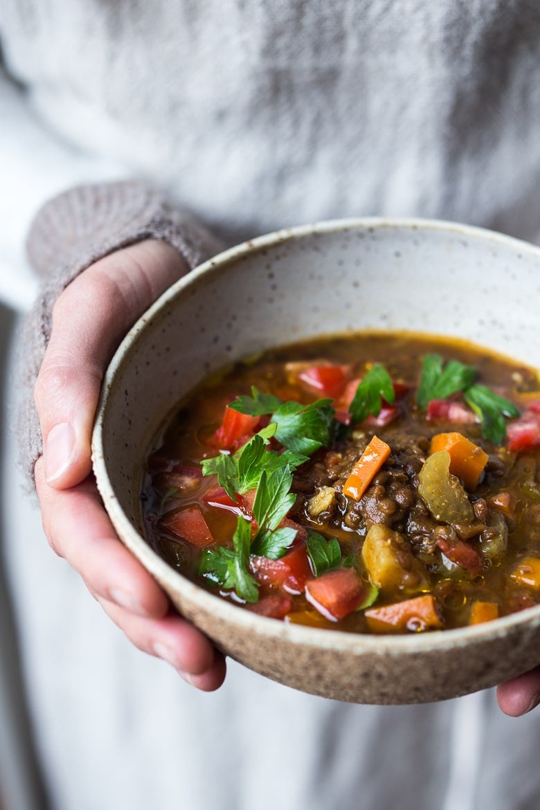  This Middle Eastern Instant Pot Lentil Soup is packed full of healthy veggies and fragrant spices. Vegan and gluten-free.