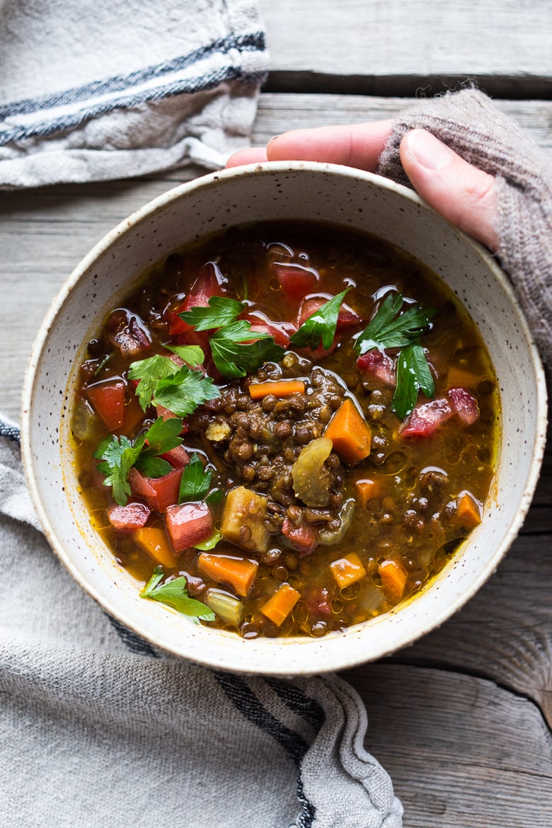 This Instant Pot Lentil Soup is cozy and comforting! Infused with fragrant Middle Eastern spices, it can be made in your Instant Pot or on your stovetop. Vegan, fast & easy.  Includes a Video.  
