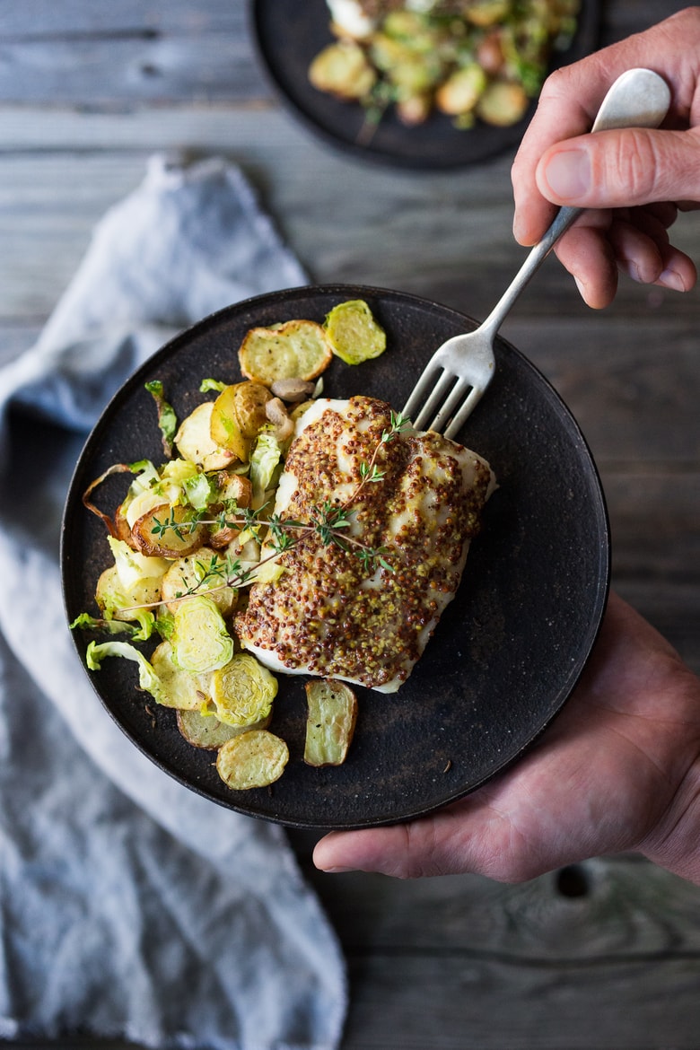  Roasted Mustard Seed White Fish with Potato-Brussel Sprout Hash, a simple, healthy sheet-pan dinner that is quick, easy and full of flavor. | www.feastingathome.com