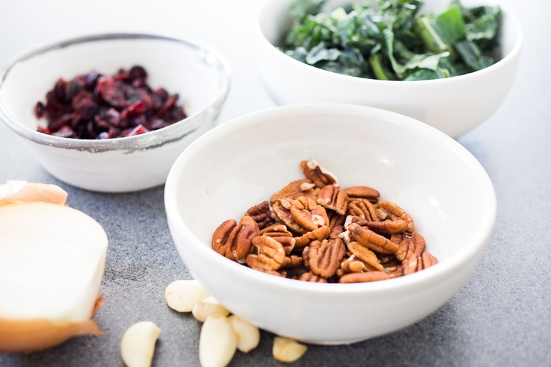 ingredients in roasted spaghetti squash with pecans and kale.