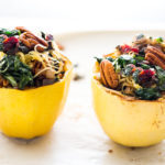 Stuffed Spaghetti Squash with Pecans, Kale & Craisins - a vegan, gluten free meal that is simple, perfect for busy weeknights!