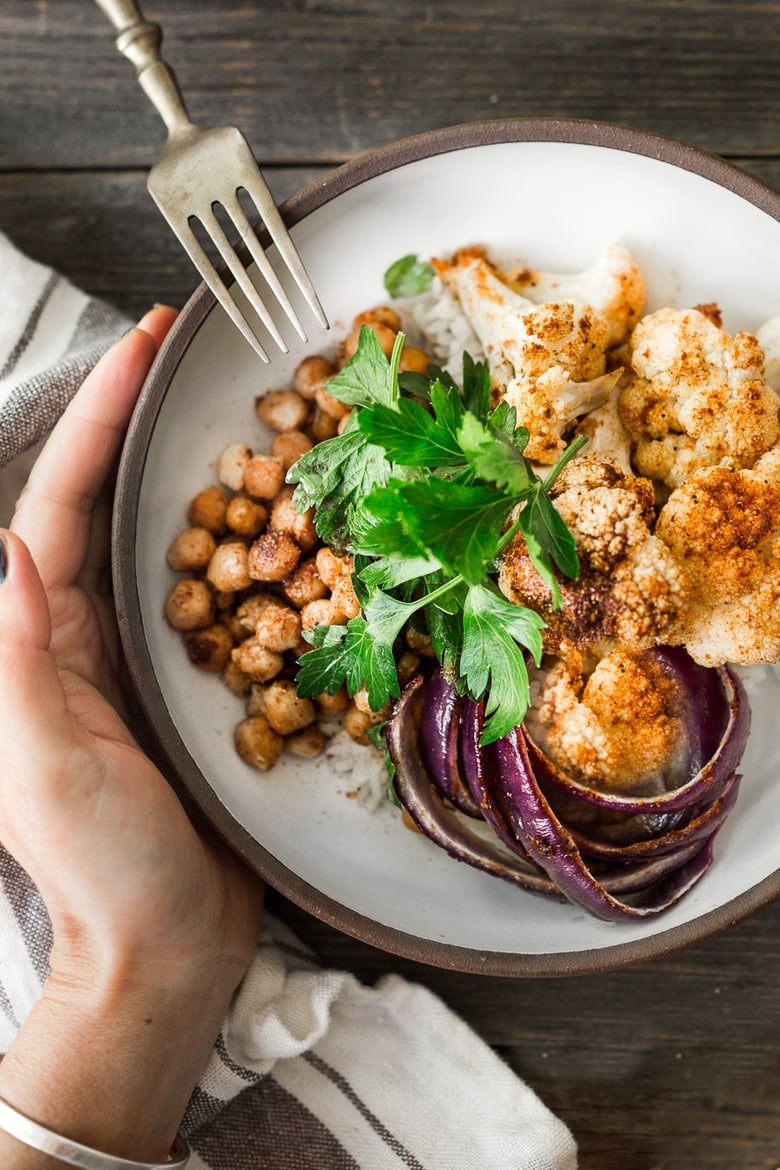 20 BEST Chickpea Recipes! ||Tandoori Glory Bowl with roasted cauliflower, chickpeas, red onion and optional chicken seasoned with fragrant tandoori spice. Vegan and Gluten free!