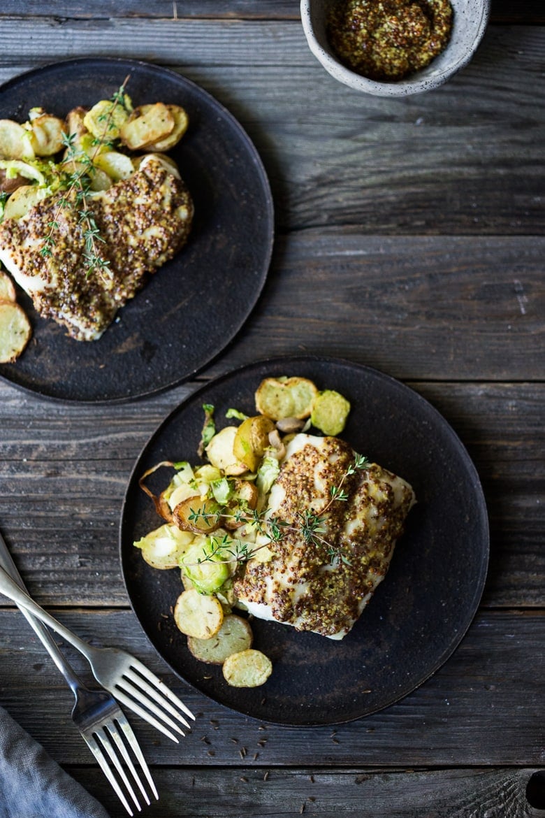  Roasted Mustard Seed White Fish with Potato-Brussel Sprout Hash, a simple, healthy sheet-pan dinner that is quick, easy and full of flavor. | www.feastingathome.com