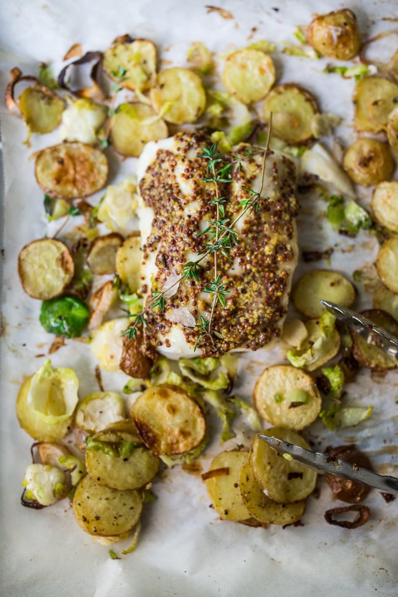  Roasted Mustard Seed White Fish with Potato-Brussel Sprout Hash, a simple, healthy sheet-pan dinner that is quick, easy and full of flavor. | www.feastingathome.com