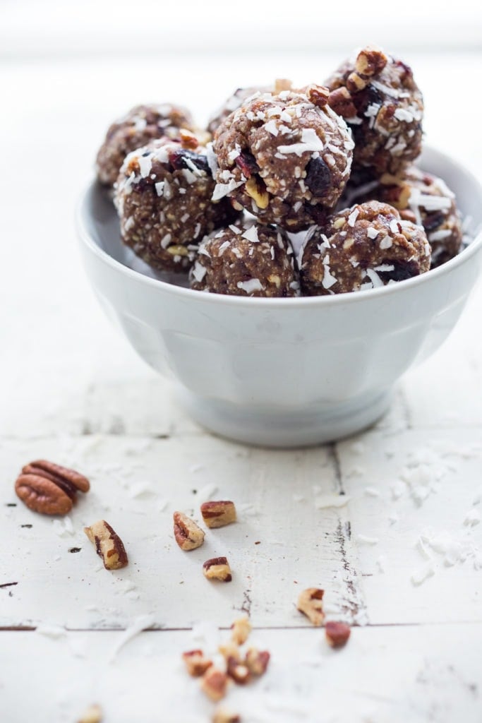 Coconut Pecan Energy Balls with Masala Spice and Dried Cranberries, a simple, tasty vegan and gluten-free snack that can be made in 10 minutes! | www.feastingathome.com