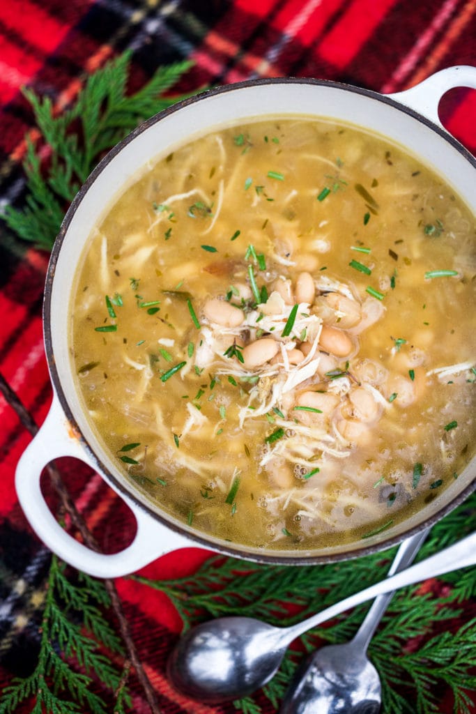 dutch oven with chicken and white bean soup.