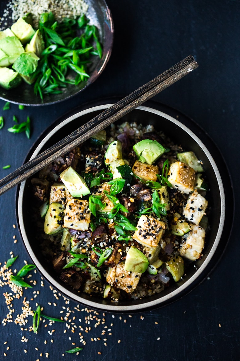Roasted Cauliflower Rice Bowl with Miso and Veggies - a quick and healthy sheet-pan dinner with your choice of protein, tofu or chicken. Vegan, gluten-free! | www.feastingathome.com