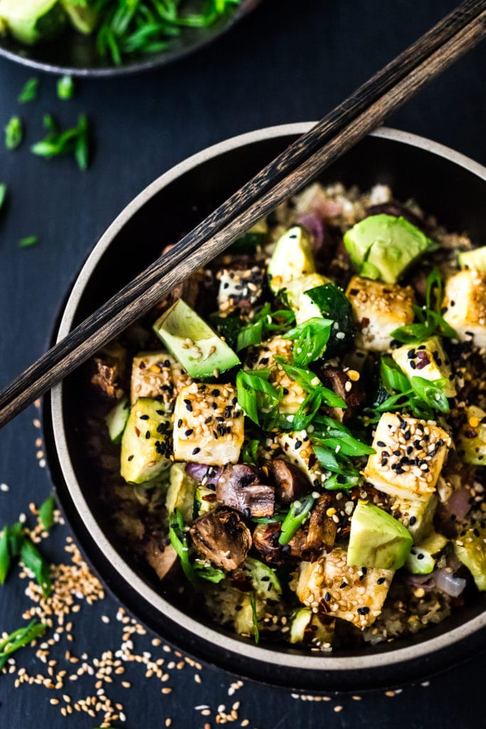 50 Delicious Tofu Recipes: Roasted Cauliflower Rice Bowl With Tofu and Veggies.