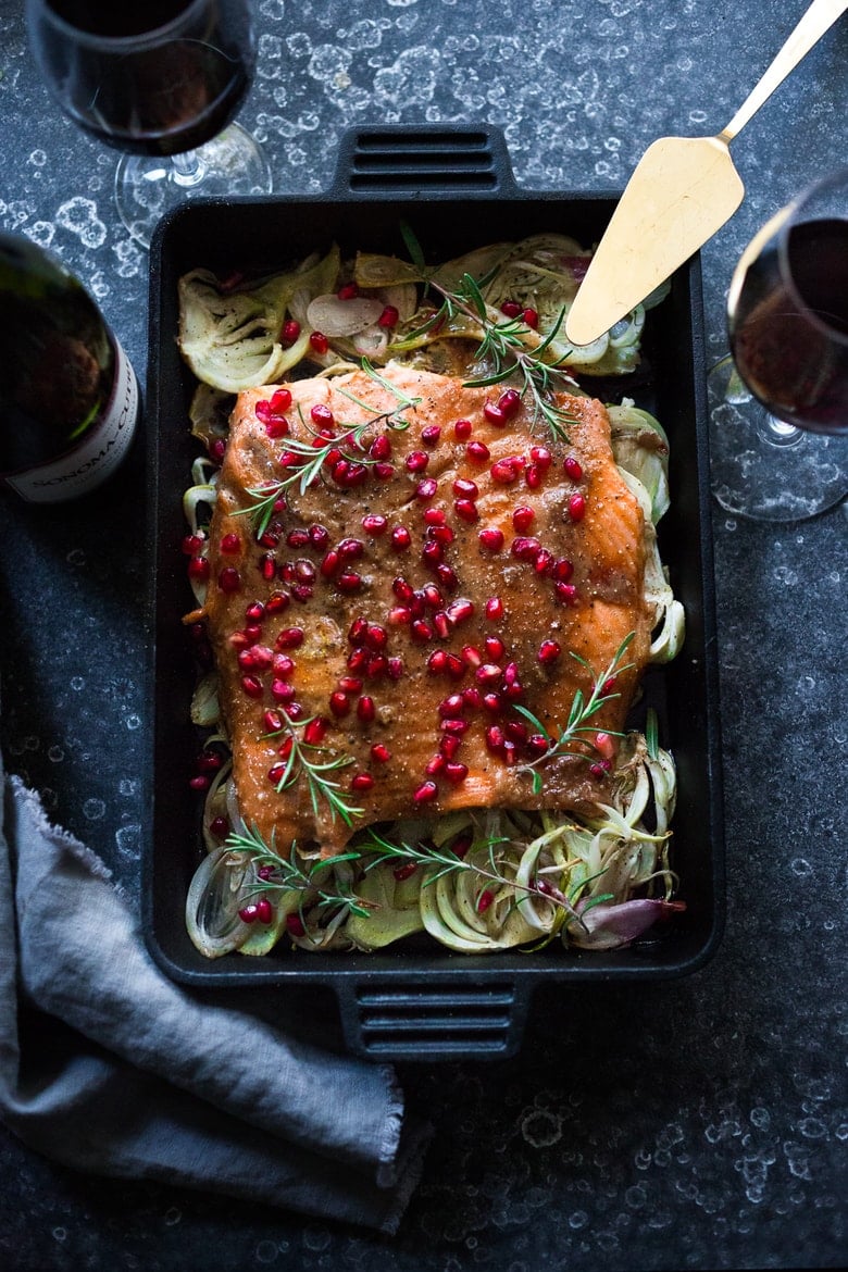 Roasted Pomegranate Salmon with braised fennel - a healthy and festive holiday dinner that can be made in under 30 minutes. | www.feastingathome.com