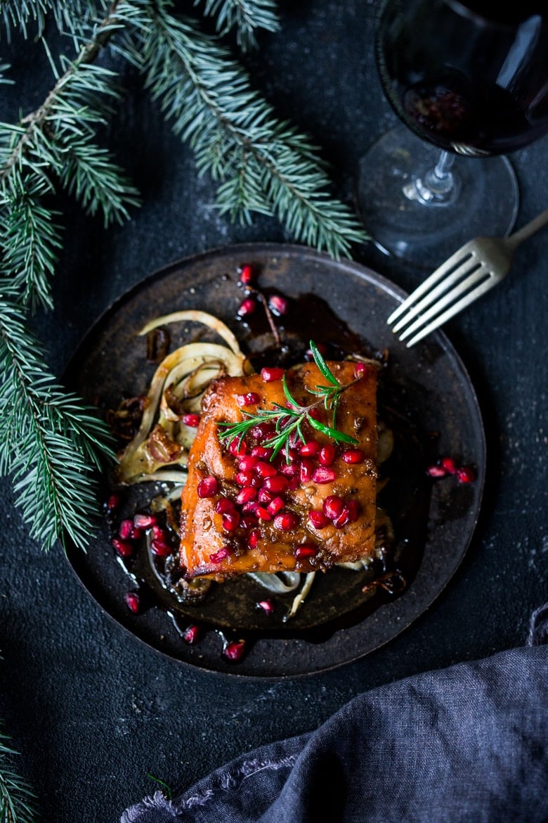 Roasted Pomegranate Salmon with braised fennel - a healthy and festive holiday dinner that can be made in under 30 minutes. | www.feastingathome.com