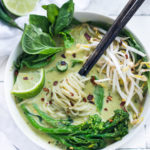 Bone-warming, Thai Green Curry Noodle Soup - with broccolini and and your choice of tofu or chicken. | www.feastingathome.com