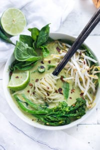 Bone-warming, Thai Green Curry Noodle Soup - with broccolini and and your choice of tofu or chicken. | www.feastingathome.com