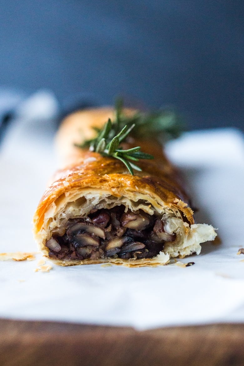 Mushroom Wellington with Rosemary and Pecans- a simple, tasty vegan main dish, that can be made ahead, perfect for holiday gatherings! | www.feastingathome.com