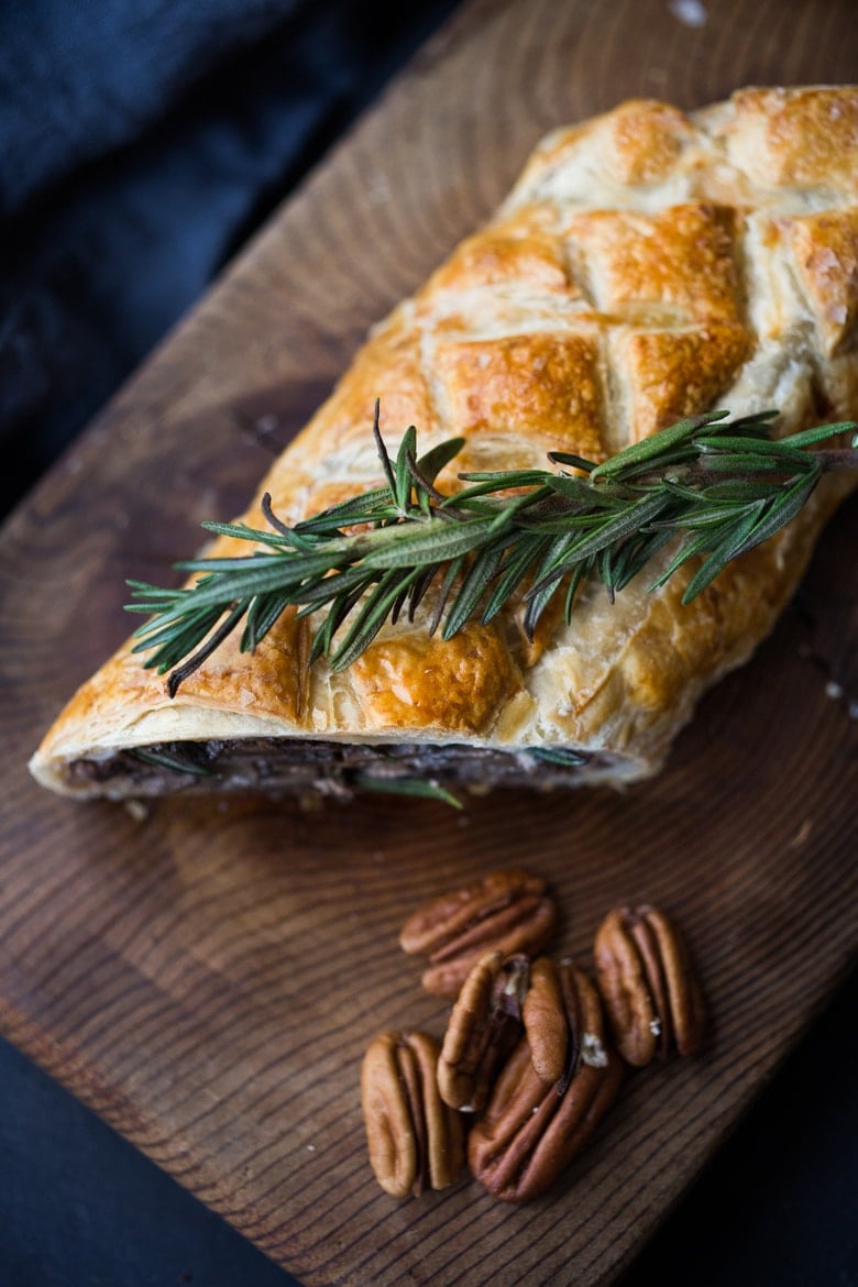 Mushroom Wellington with Rosemary and Pecans- a simple, tasty vegan main dish, that can be made ahead, perfect for holiday gatherings! | www.feastingathome.com