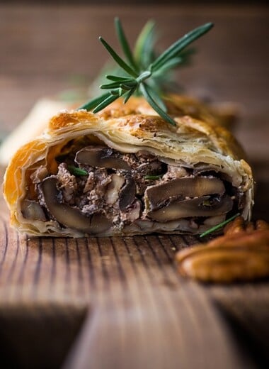 Mushroom Wellington with Rosemary and Pecans- a simple, tasty vegan main dish, that can be made ahead, perfect for holiday gatherings!