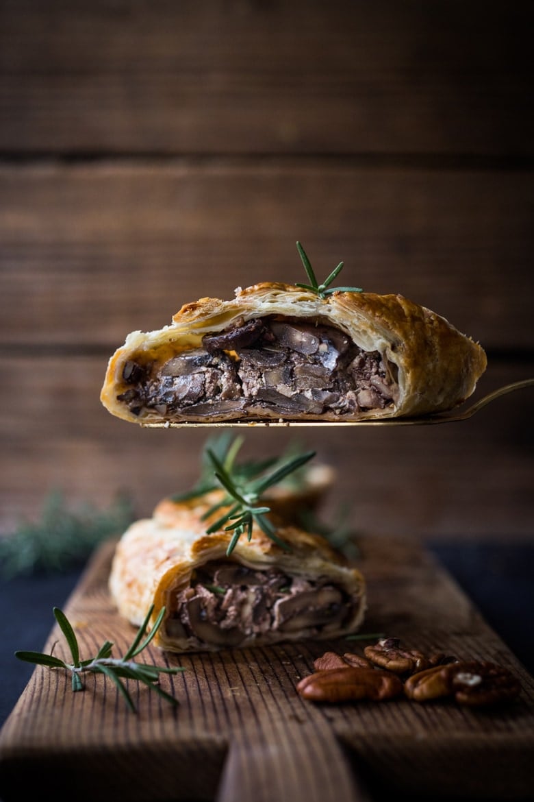 Mushroom Wellington with Rosemary and Pecans- a simple, tasty vegan main dish, that can be made ahead, perfect for holiday gatherings! | www.feastingathome.com