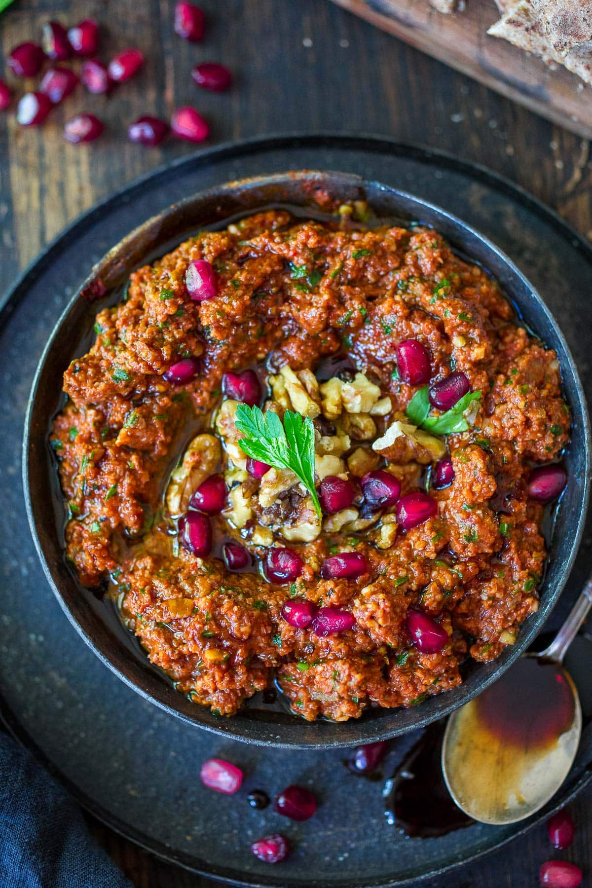 Discover a vibrant, authentic Muhammara dip — sweet, smoky roasted red peppers blended with toasted walnuts, pomegranate molasses, and Middle Eastern spices. Perfect as a mezze dip, sandwich spread, or festive party appetizer. Vegan.