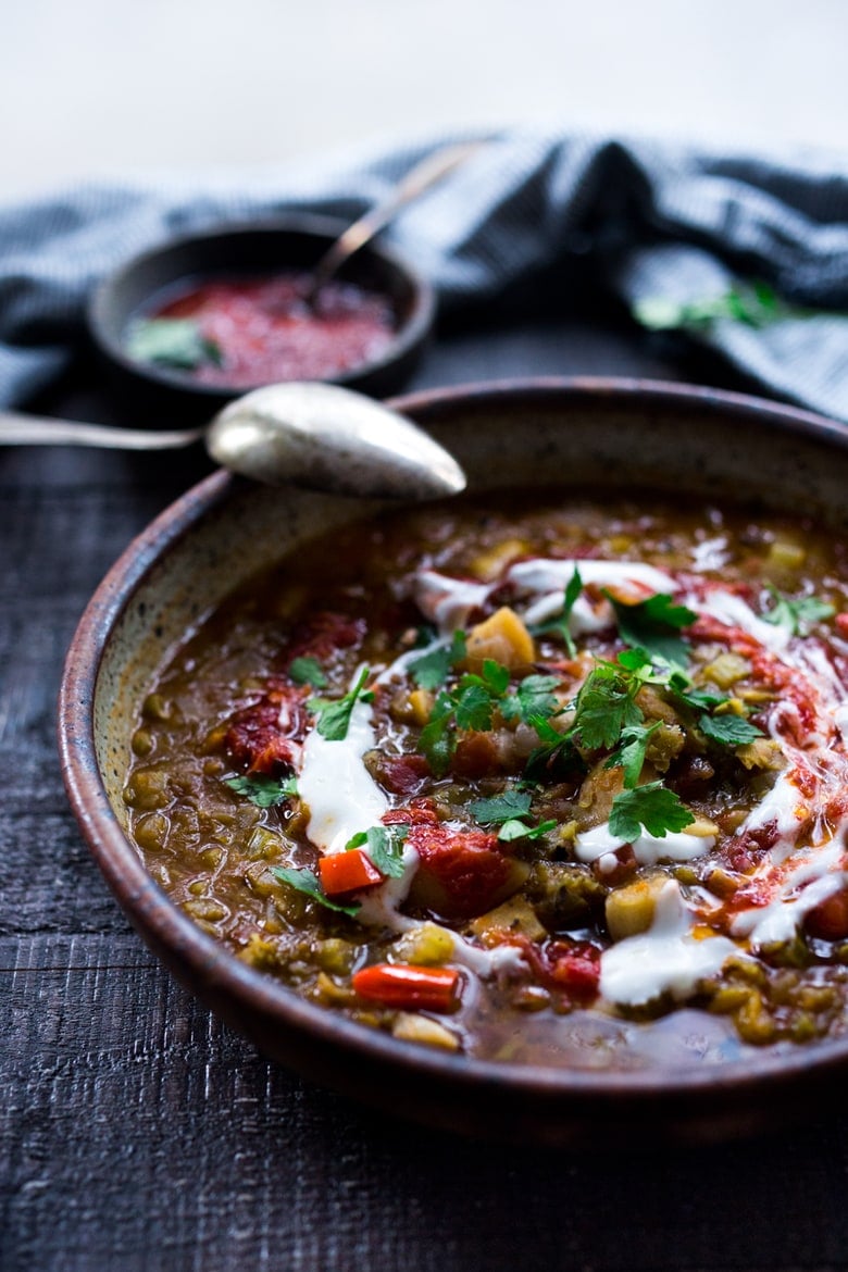 Make Life Simple - Instant Pot Split Pea Soup with Harissa and North African flavors. Drizzle with olive oil and keep it vegan, or add a swirl of yogurt for added richness.  | www.feastingathome.com