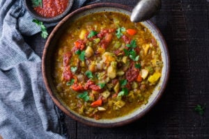 Instant Pot Split Pea Soup with Harissa and North African spices.