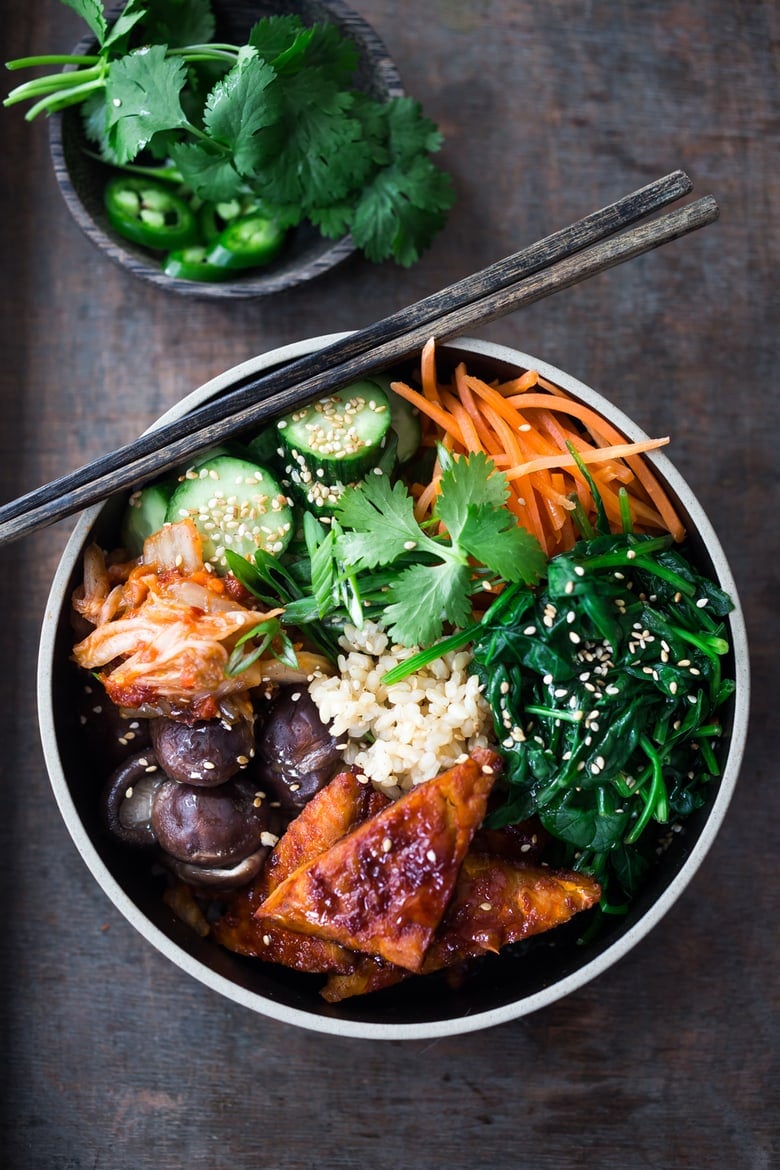 Korean-Style Seoul Bowl- with Gochujang baked Tempeh, steamed veggies, kimchi and pickled cucumber- a healthy vegan version of Bibimbap! | www.feastingathome.com