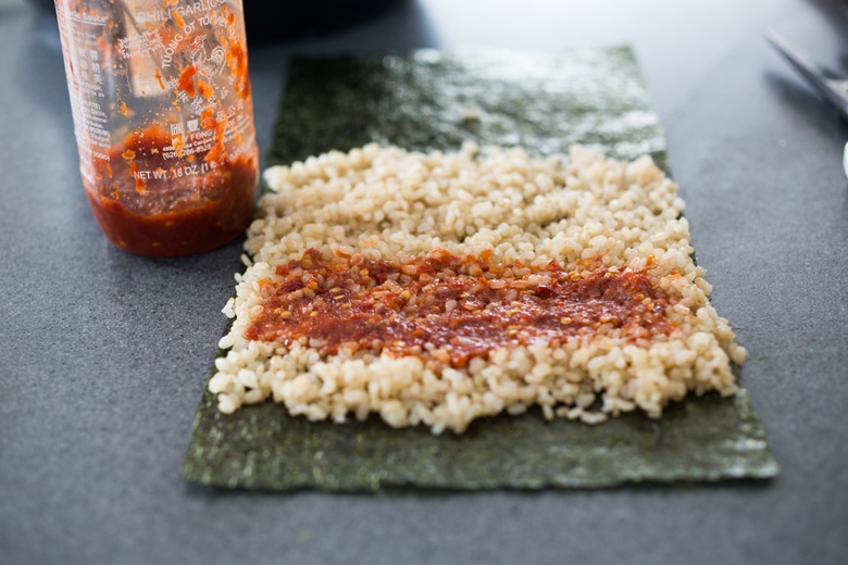 Sushi Burrito with Brown Rice, Avocado, Ahi ( or Tofu) carrots and kimchi- a healthy delicious lunch! Vegan and GF adaptable! | www.feastingathome.com