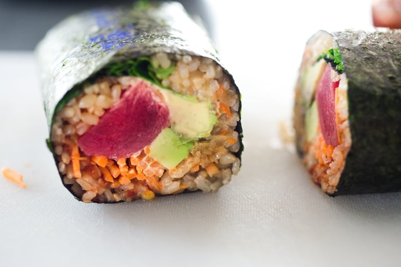 Sushi Burrito with Brown Rice, Avocado, Ahi ( or Tofu) carrots and kimchi- a healthy delicious lunch! Vegan and GF adaptable! | www.feastingathome.com