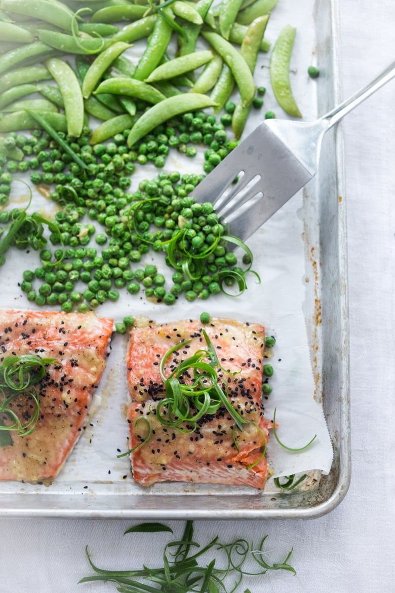 Baked Miso Salmon with seasonal veggies- a fast and healthy weeknight dinner that can be made in under 25 minutes.