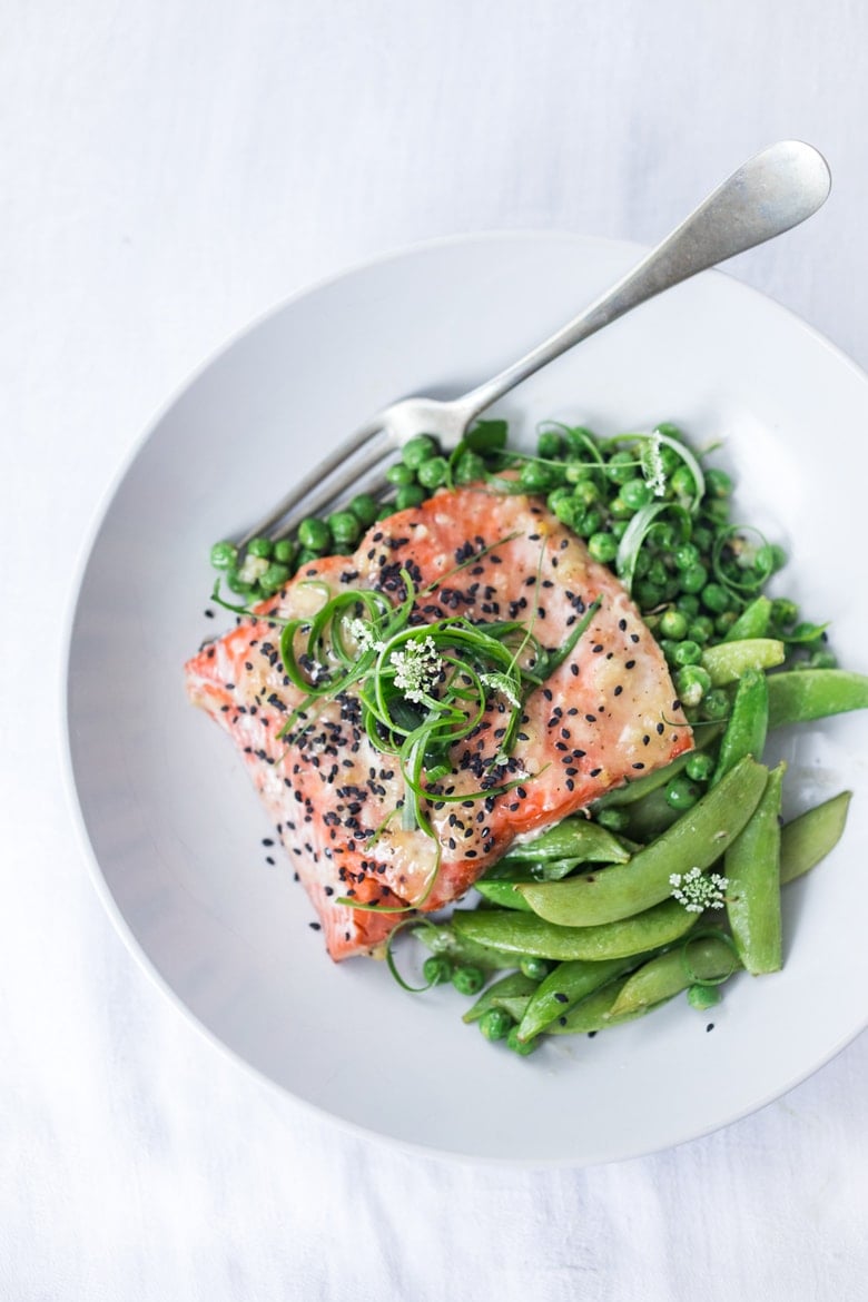 Baked Miso Salmon with seasonal veggies- a fast and healthy weeknight dinner that can be made in under 25 minutes.