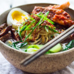 Spicy Miso Ramon with Chili Roasted Salmon, Bok Choy and Shitaake Mushooms, a simple healthy weeknight dinner!