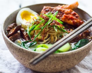 Spicy Miso Ramon with Chili Roasted Salmon, Bok Choy and Shitaake Mushooms, a simple healthy weeknight dinner!