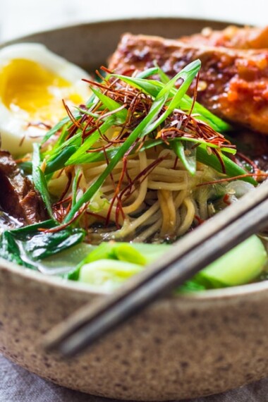 Spicy Miso Ramon with Chili Roasted Salmon, Bok Choy and Shitaake Mushooms, a simple healthy weeknight dinner!