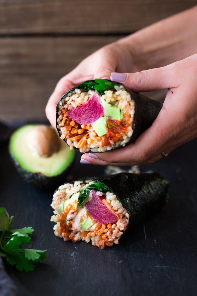 How to make a healthy delicious Sushi Burrito with Brown Rice, Avocado, Ahi Tuna (or Tofu) carrots and kimchi- a fun, healthy and delicious lunch! Vegan adaptable and Gluten-free!