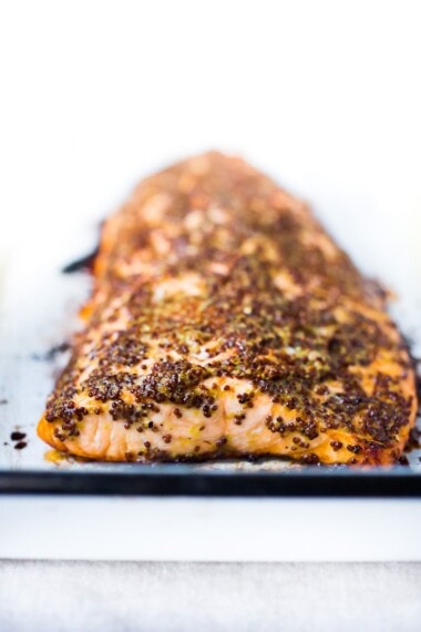 Simple 3 Ingredient, Mustard Baked Salmon! Easy, fast and full of flavor! #salmon #bakedSalmon #mustard #easysalmonrecipe