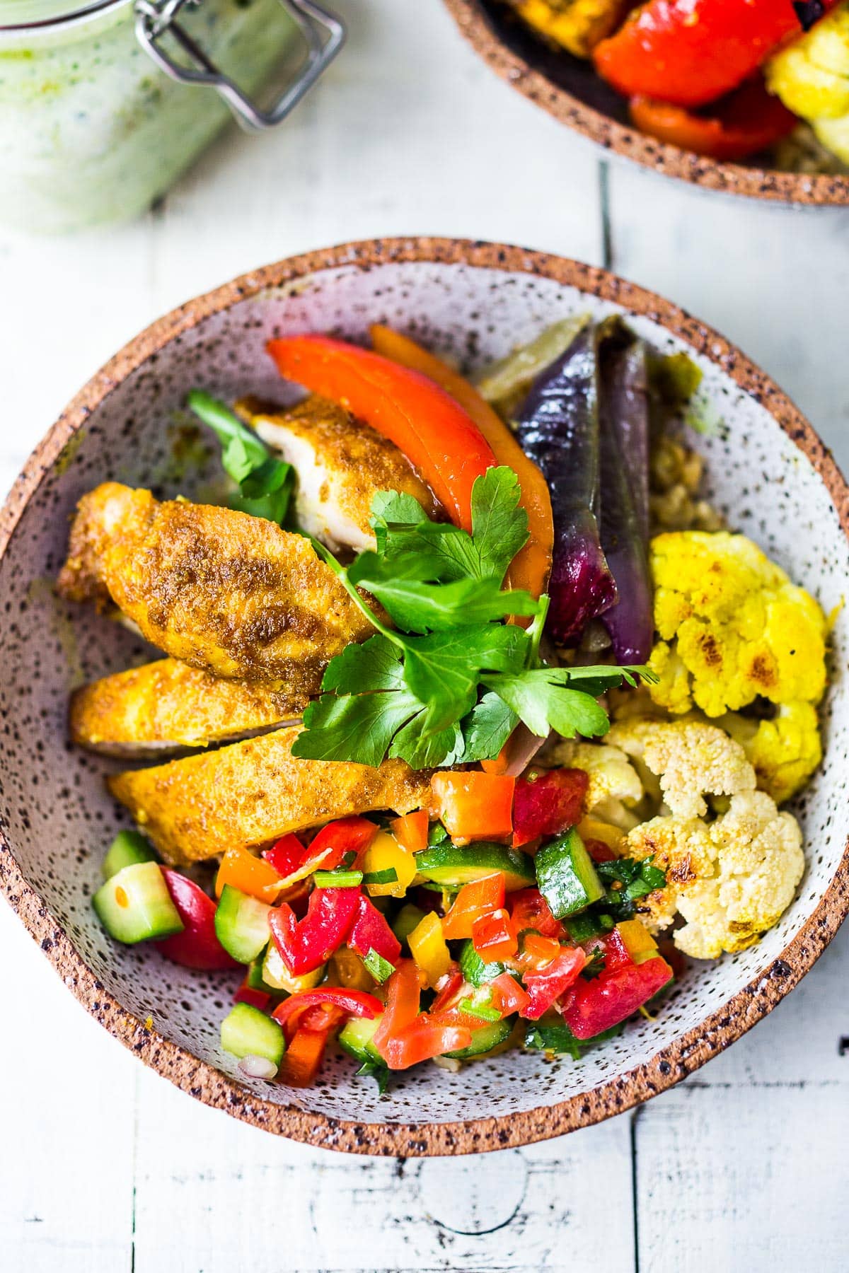 Baked chicken shawarma in a bowl