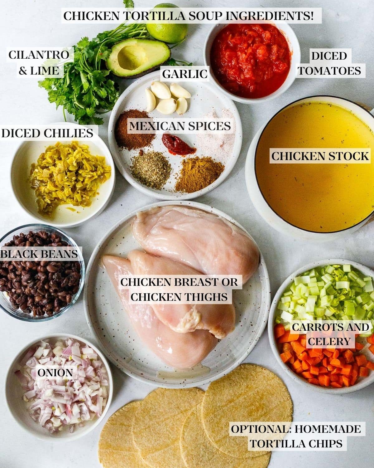 Chicken tortilla soup ingredients.