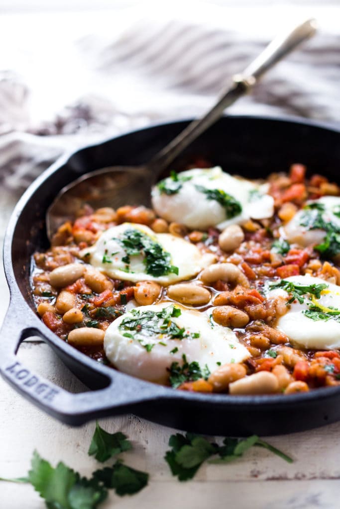 farmers breakfast with stew beans and eggs, high protein breakfast