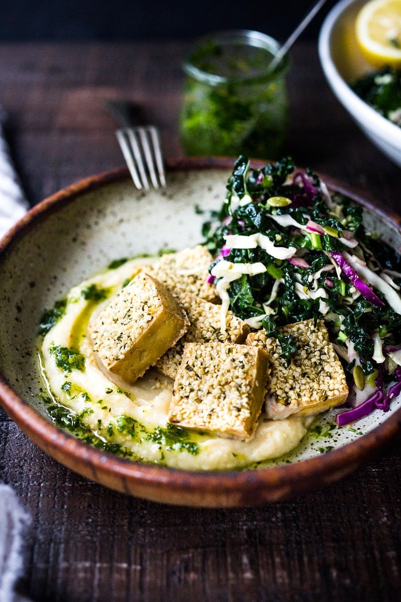 Hemp Crusted Tofu with Celeriac Puree and Gremolata