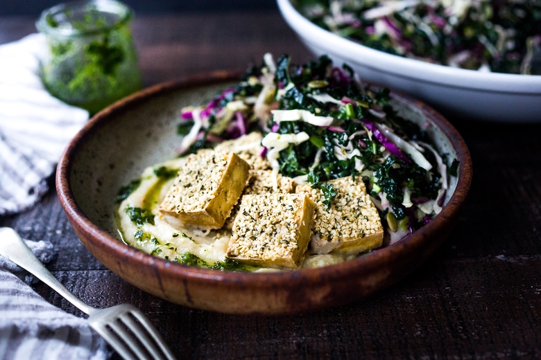 Hemp Crusted Tofu with Celeriac Puree and Gremolata