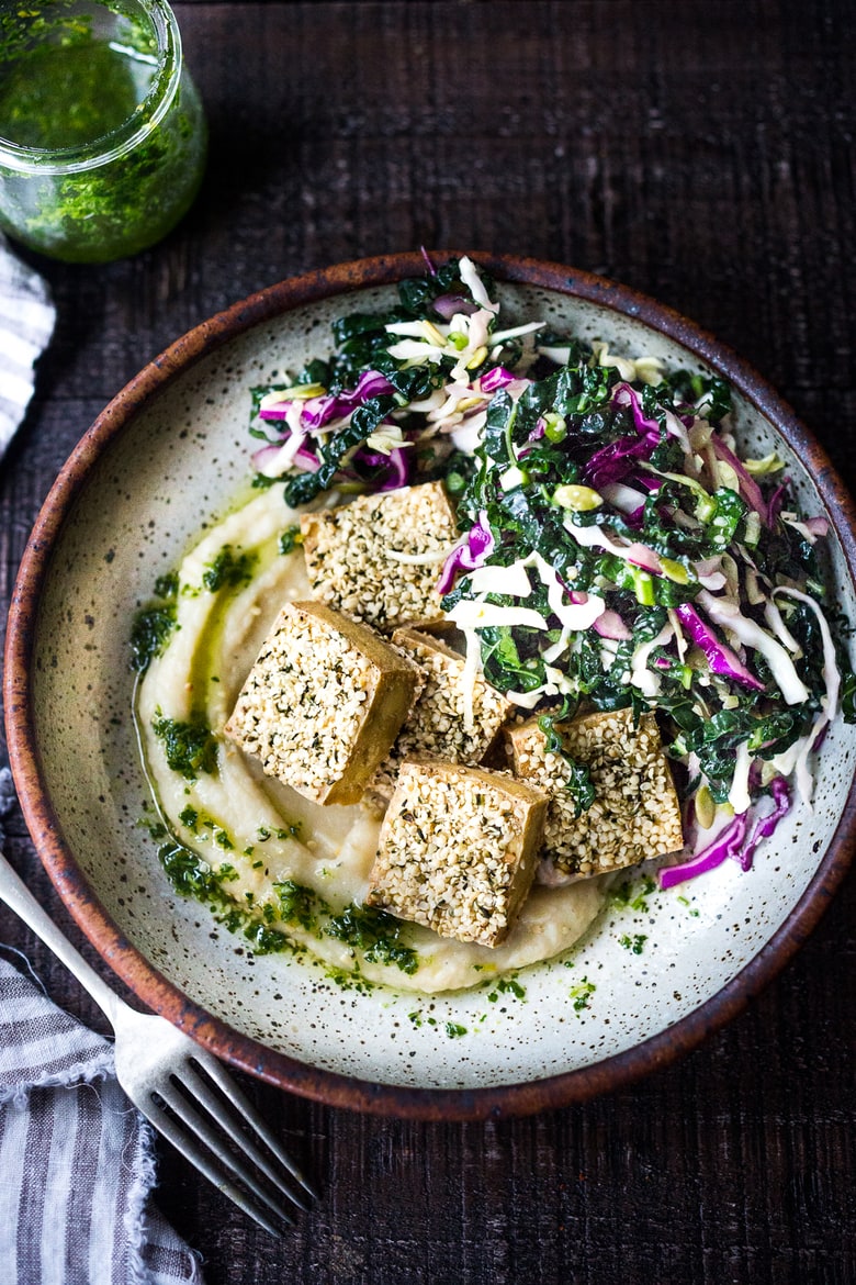 Hemp Crusted Tofu with Celeriac Puree and Gremolata