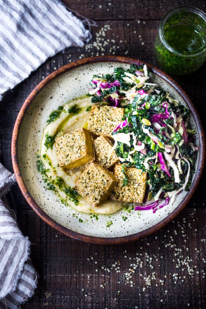 50 Delicious Tofu Recipes: Hemp Crusted Tofu with Celeriac Puree.