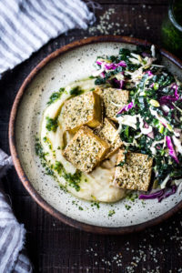 Hemp Crusted Tofu with Celeriac Puree - a simple, elegant vegan dinner that can be made in 45 minutes. Serve it with Gremolata and Everyday Kale Salad. #hemp #tofu #celeriac