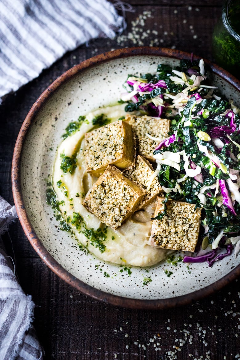 Hemp Crusted Tofu with Celeriac Puree and Gremolata