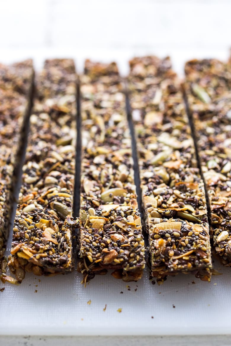 row of homemade superfood gluten free granola bars.