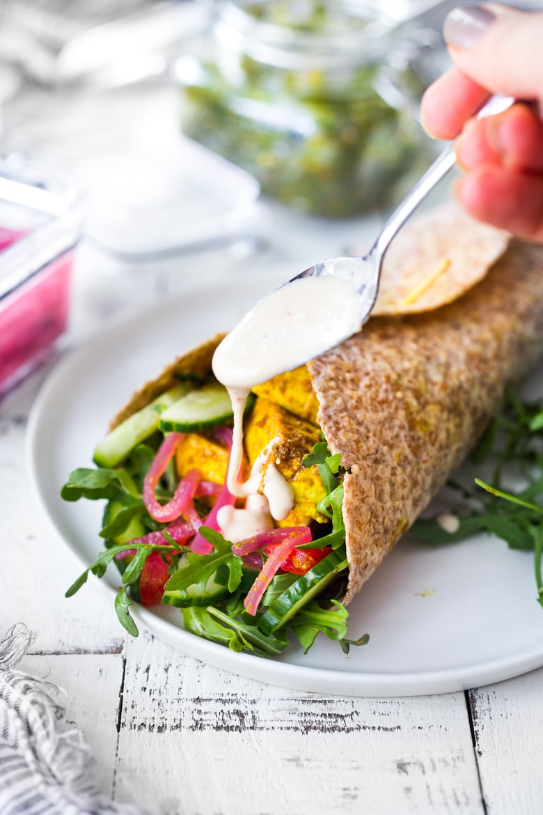  shawarma wrap with tahini sauce 