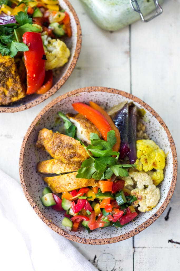 Baked chicken Shawarma in a bowl with veggies