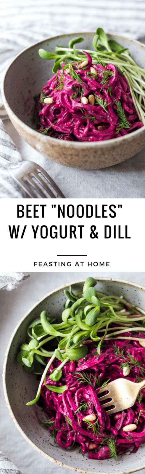 Beet Noodles with Yogurt and Dill - a simple vegetarian, gluten-free meal that can be made in 20 minutes! | www.feastingathome.com #beetnoodles 