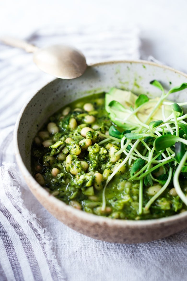 Cassoulet Vert - a modernized White Bean Stew with Lemony Kale Pesto that is meat-free and that can be made in an Instant Pot! Fast, healthy delicious! 