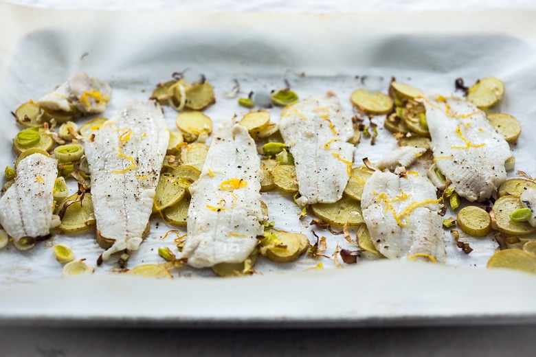 Dover Sole with Lemon, Dill and Leeks, a simple healthy sheet pan dinner that can be made quickly and easily. 