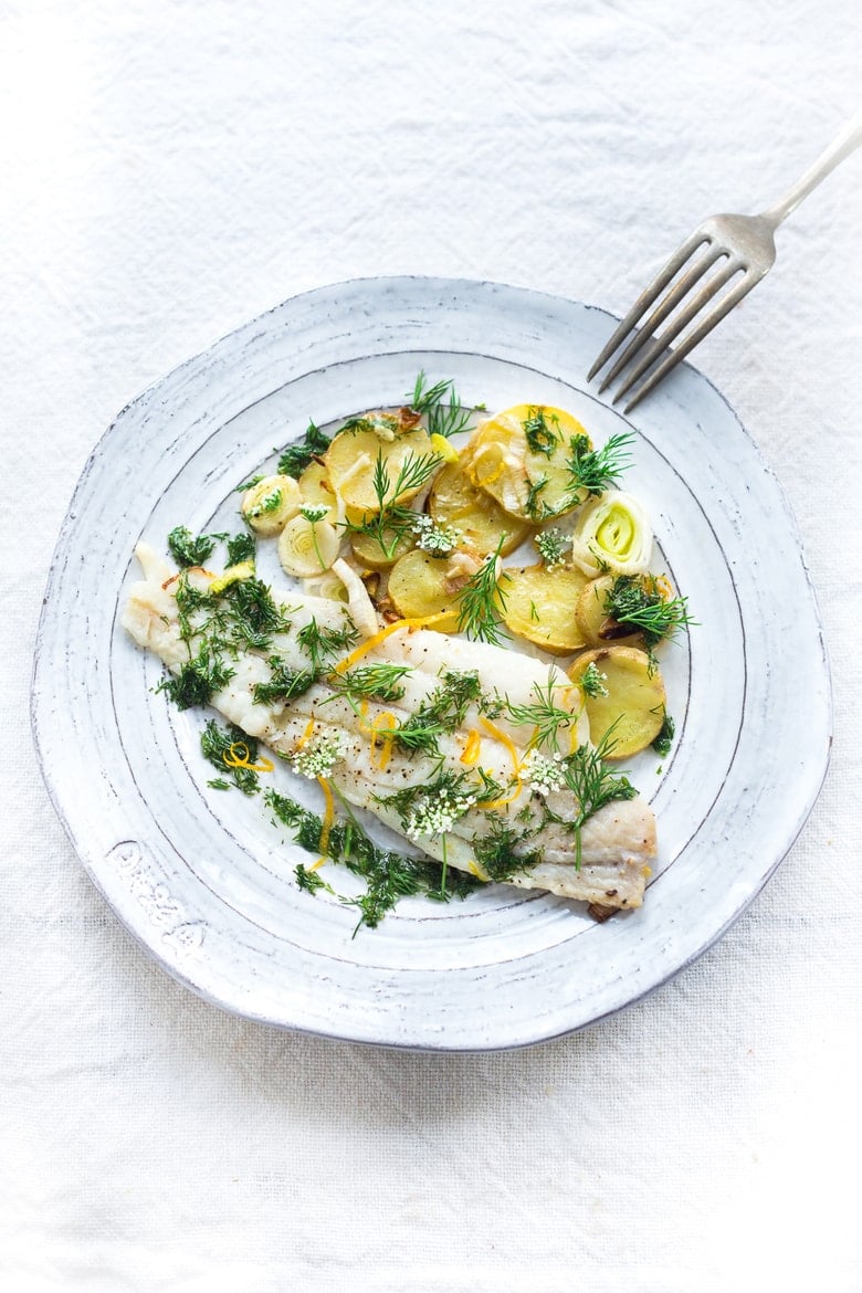 Dover Sole with Lemon, Dill and Leeks, a simple healthy sheet pan dinner that can be made quickly and easily. 